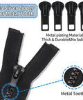 Zipper Repair Kit For Size Five Zippers, 76-Piece Auto Lock Pulls With Bottom And Top Stops, close-up of black metal tooth zipper and pulls.
