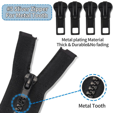 Zipper Repair Kit For Size Five Zippers, 76-Piece Auto Lock Pulls With Bottom And Top Stops, close-up of black metal tooth zipper and pulls.