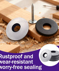 Sealing washers set: stainless steel and black bonded neoprene/EPDM washers with screw on wood surface.