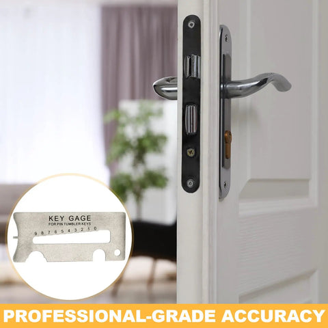 40-104 Key Gauge Kit For Locksmiths Key Decoder And Lock Pick Alignment Tool Set shown with door lock, professional grade accuracy.