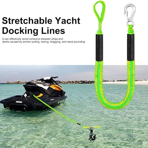Elastic Dock Line With Metal Hook And Loop Ends 48 Inches for Kayak mooring, shown securing a jet ski in clear water.