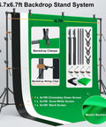 AM169 Photo And Video Studio Light Kit With 3 Backdrops Black White Green setup with stand, clips, and muslin material shown.