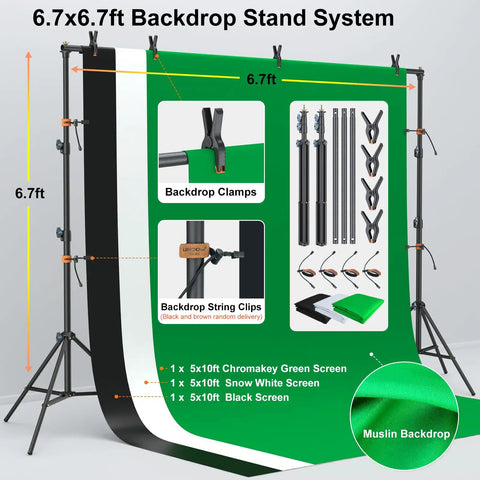 AM169 Photo And Video Studio Light Kit With 3 Backdrops Black White Green setup with stand, clips, and muslin material shown.