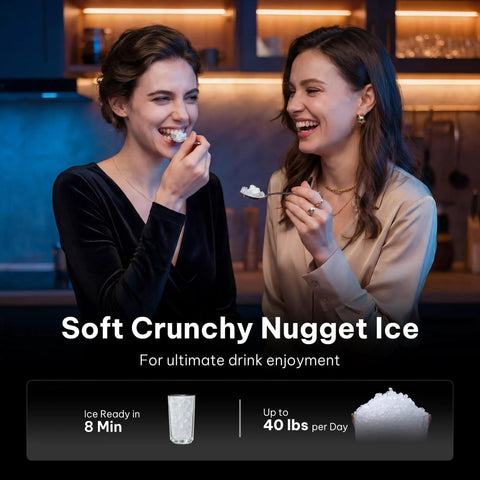 Two women enjoying soft chewable ice from the Ultimate Countertop Nugget Ice Maker Featuring Auto Drop Ice And No Sweat Self Cleaning Routine That Cranks Out 33 Pounds Of Soft Chewable Ice Daily For Totally Chill Weekend Gatherings And Quick Home Hydration.