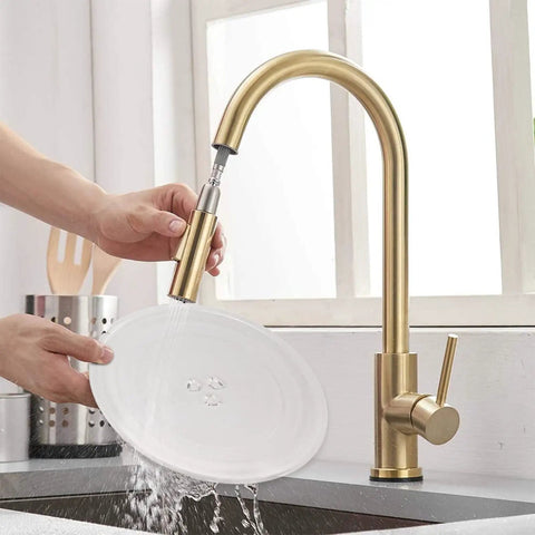 Gold kitchen faucet with pull-down sprayer rinsing a white plate in a modern sink setting