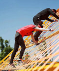 People climbing on structure made from heavy duty lifting straps for cargo handling and hauling tough as nails tear resistant polyester net sling.