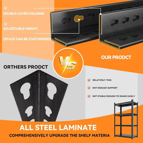 Comparison of Heavy Duty 4 Tier Metal Garage Shelving Unit 54 Inch High with competitor, showing double-layer columns and stability