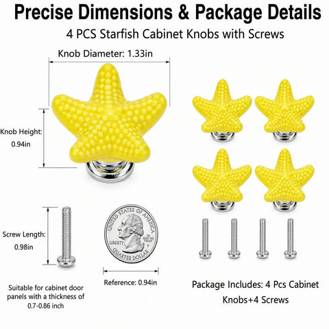 Super Legit And Totally Dope Four Piece Set Of Yellow Starfish Drawer Knobs Built With Heavy Duty Zinc Alloy And Glossy Ceramic For Quick Coastal Bedroom Vanities And Beach House Cabinet Revamps with dimensions.