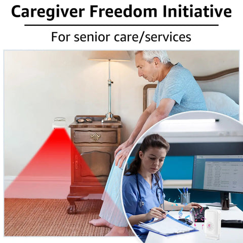 Caregiver Freedom Initiative for senior care/services, man in bedroom and nurse at desk with Wireless Motion Sensor Door Chime With 4 LED Indicators And Vibration No Drill Easy Install Doorbell Alarm For Home Office Store School 17 Ringtones And Syncable Alerts Indoor Use