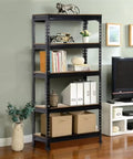 Five Tier Boltless Adjustable Steel Storage Shelf Unit Black in living room with decor items and storage boxes