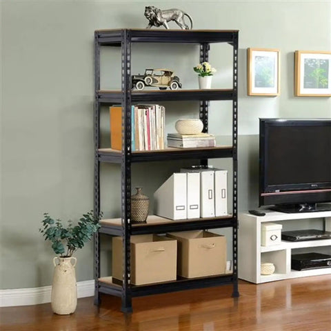 Five Tier Boltless Adjustable Steel Storage Shelf Unit Black in living room with decor items and storage boxes