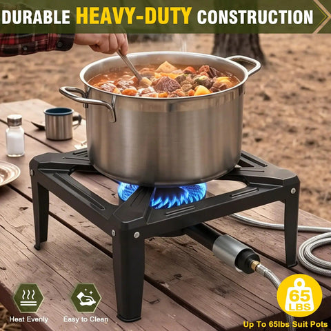 Heavy Duty Cast Iron Propane Burner With Adjustable Regulator Hose For Outdoor Camping And Wok Cooking Portable Gas Stove 65 Pound Max Load High Heat Precision Control in use with cooking pot on table