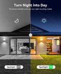 House exterior showing PoE NVR Add On Security Camera For Wired CCTV Recorders 4K Ultra HD Video, spotlight on and off comparison.