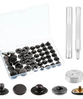 12 Set 15mm Metal Snap Button Kit With 4 Install Tools For Leather Jackets Bags Fabric Jeans And DIY Sewing Black Pro Grade Sturdy Snaps For Clothing Repairs Craft Projects And Quick Secure Closures