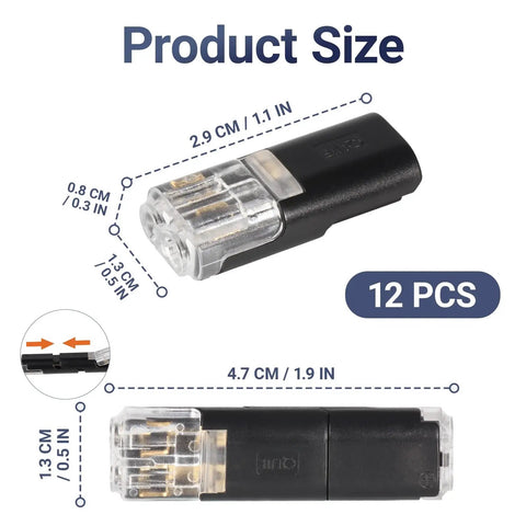 2 Pin Low Voltage Wire Connector Kit For 16 To 18 AWG Cables With Quick Disconnect And Locking Buckle, size details shown