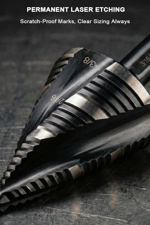 Close-up of Four Spiral Flute Step Drill Bit Set From Eighth Inch To One And Three Eighths Inch Five Pieces HSS Unibits with laser etching