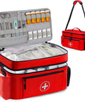 Medicine Organizer Bag With Double Layer Design For Home And Travel, Red, open with visible compartments and medical supplies.