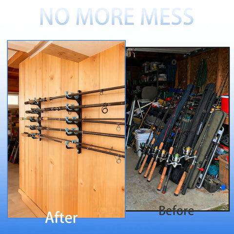 Wall or ceiling mounted fishing rod rack with soft protective pads that holds up to 10 rods or combos or nets, installed view