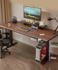 Straight Up Solid Wood Electric Standing Desk With Drawers, Adjustable Height Workbench For Home Office And Gaming Setup, Reliable Motorized Lift Table Built To Last with dual monitors, height markers, and accessories.