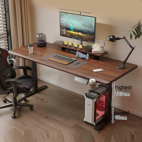 Straight Up Solid Wood Electric Standing Desk With Drawers, Adjustable Height Workbench For Home Office And Gaming Setup, Reliable Motorized Lift Table Built To Last with dual monitors, height markers, and accessories.