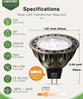 Heavy Duty Mr16 Led Bulbs 2700K Warm White Gu5.3 Base Non Dimmable 6 Pack Solid Aluminum Housing That Runs Cool shown with specifications.