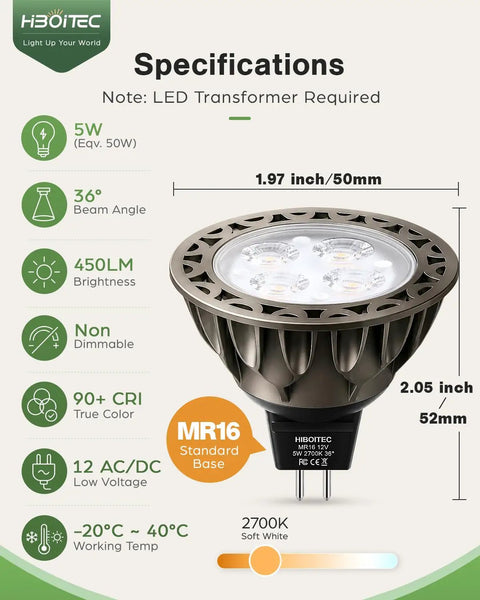 Heavy Duty Mr16 Led Bulbs 2700K Warm White Gu5.3 Base Non Dimmable 6 Pack Solid Aluminum Housing That Runs Cool shown with specifications.