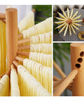 Foldable Wooden Pasta Drying Rack For Fresh Homemade Noodles showing pasta hanging on rods, solid timber build, 12x12x33 cm.