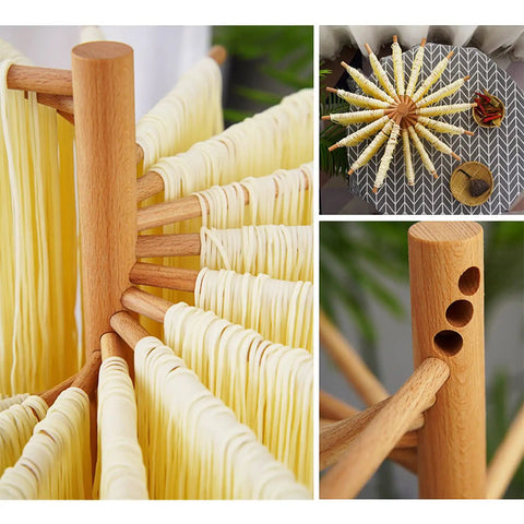 Foldable Wooden Pasta Drying Rack For Fresh Homemade Noodles showing pasta hanging on rods, solid timber build, 12x12x33 cm.