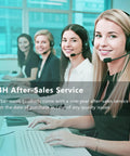 Four customer service representatives with headsets at a call center providing 24H after-sales service.