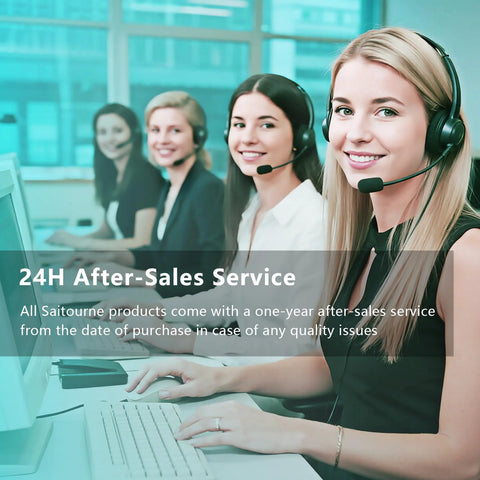 Smiling customer service representatives with headsets at call center for after-sales service support.