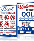 Two Pack Pool Signs 12x8 Inches Welcome To Our Pool And Funny Pool Rules Sign Set Durable 0.040 Aluminum Easy To Mount
