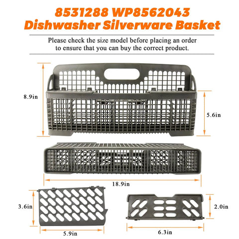 Beefed Up ABS Dishwasher Silverware Basket For Whirlpool And KitchenAid Utensil Rack Replacement with size dimensions shown
