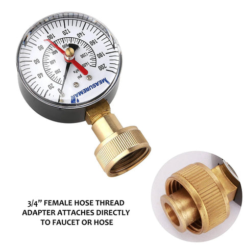 MEASUREMAN water pressure test gauge with brass 3/4 inch hose-thread adapter, 0–200 psi, angled front view