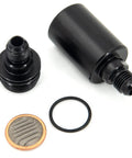 Heavy Duty An6 Billet Inline Fuel Filter With Removable Replaceable Canister Black Anodized Aluminum Housing parts including canister and mesh.