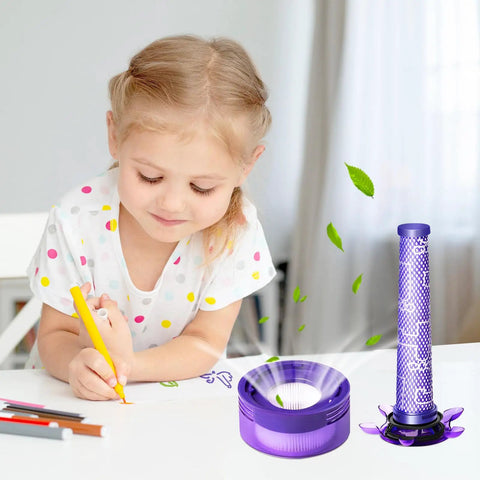 Child drawing with Pro Grade Vacuum Filter Replacement Kit For Dyson V7 V8 SV10 Cordless Vacuums on desk.