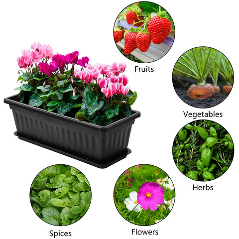 7 Pack 17 Inch Window Box Planters With Trays for Veggies and Flowers in Plastic Growing Containers with plant labels