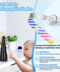 Child interacts with Tabletop Fly Fan Set Keeps Flies At Bay From Your Meals With Rechargeable Bug Fans And Soft Holographic Blades.