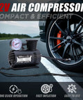 12V air compressor inflating a car tire, close-up view, part of the Roadside Rescue Kit For Cars With Jumper Cables And Tire Inflator Emergency Auto Kit For Vehicle Breakdowns Travel Ready Car Essentials On The Go Simple To Use Peace Of Mind On Every Drive.