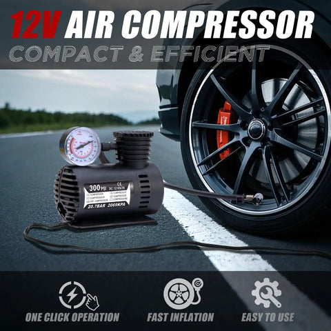 12V air compressor inflating a car tire, close-up view, part of the Roadside Rescue Kit For Cars With Jumper Cables And Tire Inflator Emergency Auto Kit For Vehicle Breakdowns Travel Ready Car Essentials On The Go Simple To Use Peace Of Mind On Every Drive.