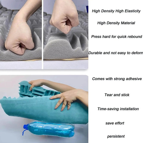 Heavy Duty Sound Proof Padding With Slick Water Resistant Acoustic Foam For Room Noise Cancelling And Super Quick Rebound Egg Crate Wall Panels Easy Peel Stick Game Changer showing high elasticity material being pressed.