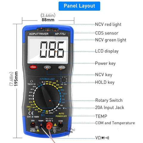 Garage Ready Automotive Engine Analyzer Multimeter With NCV, Manual Ranging, Backlit Display showing panel layout