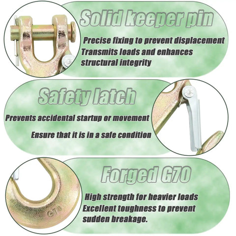 Heavy Duty 1/2 Inch G70 Clevis Chain Hooks With Safety Latch 6 Pack Grade 70 Forged Steel showing solid keeper pin and safety latch.
