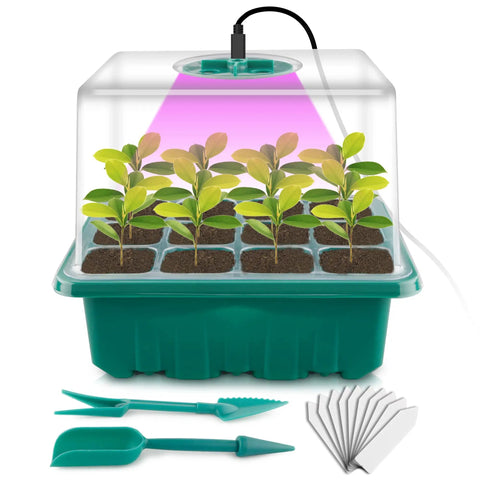 Seed Starter Tray With Built In Grow Light Humidity Dome And Base 12 Cell Germination Kit For Greenhouse Wheatgrass And Hydroponics Easy Garden Starter System For Home Gardeners