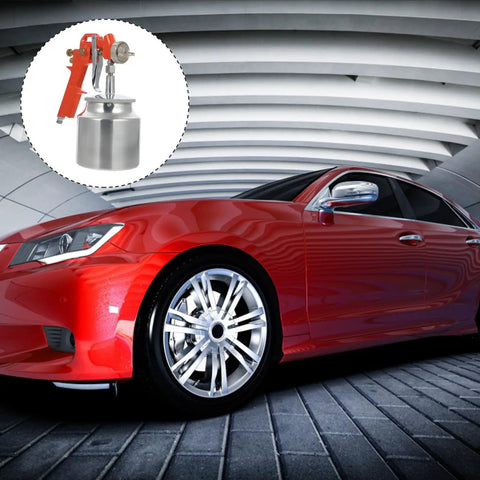 Slick Pneumatic Paint Sprayer Set For Car Body And Interior Walls And Furniture And Craft Projects delivering smooth even coverage beside a red car.