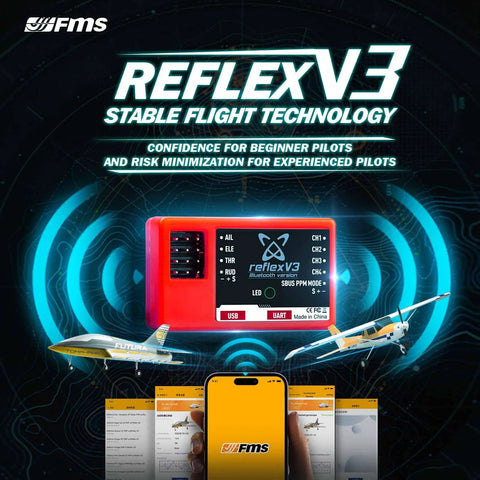 Reflex V3 Mini Gyro Flight Controller for RC Planes with 32-Bit ARM Processor, images of planes and phone app shown