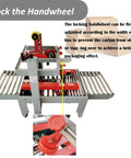 Adjustable Width Height Automatic Carton Sealer Box Tape Machine 110V Stainless Steel Roller showing locking handwheel mechanism for stability.
