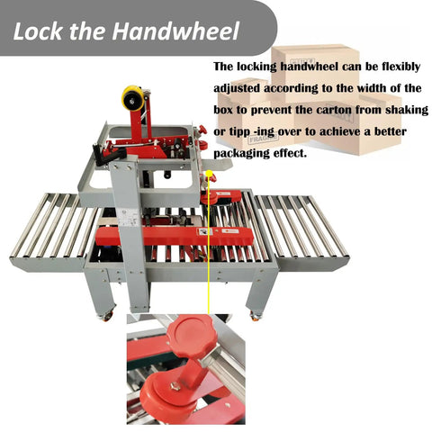 Adjustable Width Height Automatic Carton Sealer Box Tape Machine 110V Stainless Steel Roller showing locking handwheel mechanism for stability.