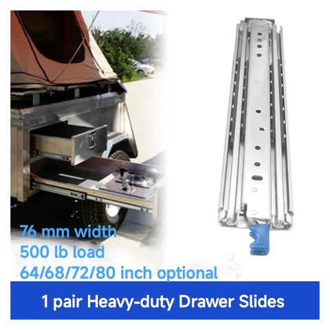 Heavy Duty Ball Bearing Drawer Slides 1 Pair delivering smooth operation in RV, 500 lb load capacity, 76 mm width, full-extension design.