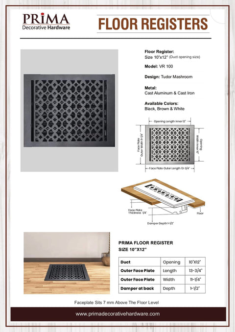 Decorative Cast Aluminum Floor Register 10 By 12 Tudor Mushroom Design With Adjustable Dampers Black Finish Built To Last Air Vent Cover For Floors Walls And Ceilings VR100