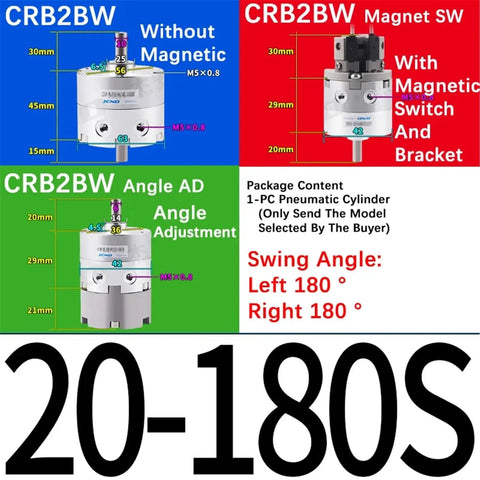 Single Blade Swinging Pneumatic Rotary Actuator Crb2bw Series Air Cylinder showing models with and without magnetic features.